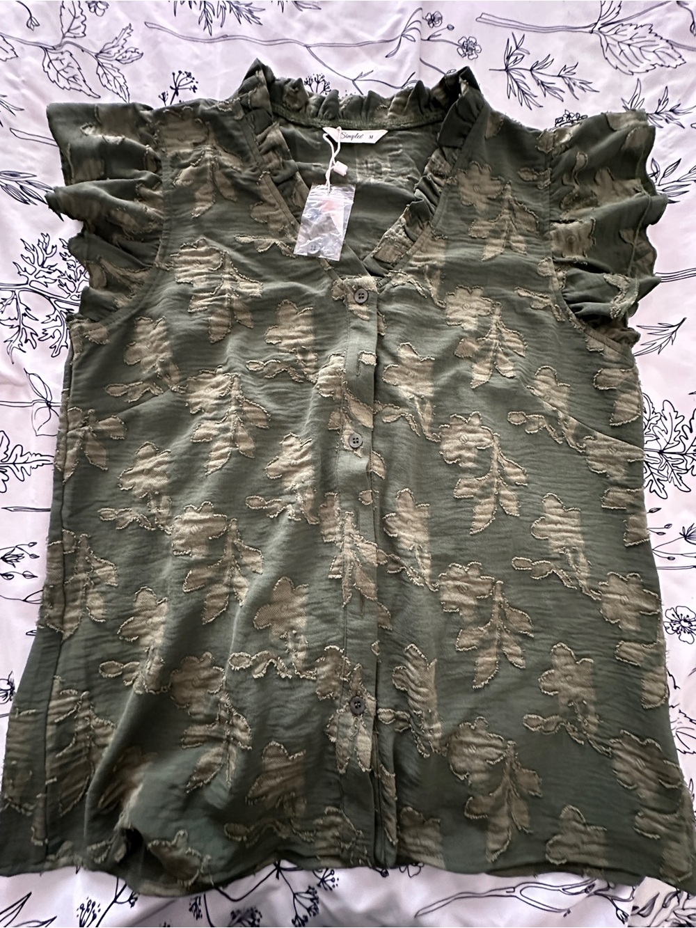 Green Floral Jacquard Button-Front Women’s Top Size M